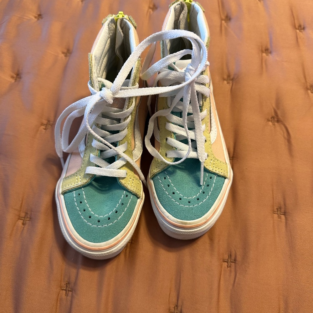 Vans Colorblock High-Top Sneakers in Teal, Yellow & Pink